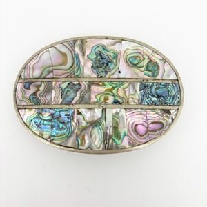 Vintage Mexico Alpaca Silver Abalone Shell Inlay Oval Western Belt Buckle